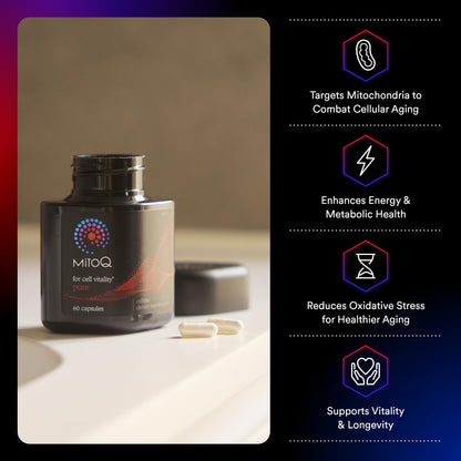 MitoQ Pure Advanced Mitochondria Supplement - Superior Bioavailability to CoQ10 - Patented Vitality Supplement for Sustained Energy, Heart Health, Metabolic Support, and Healthy Aging (60 Capsules)
