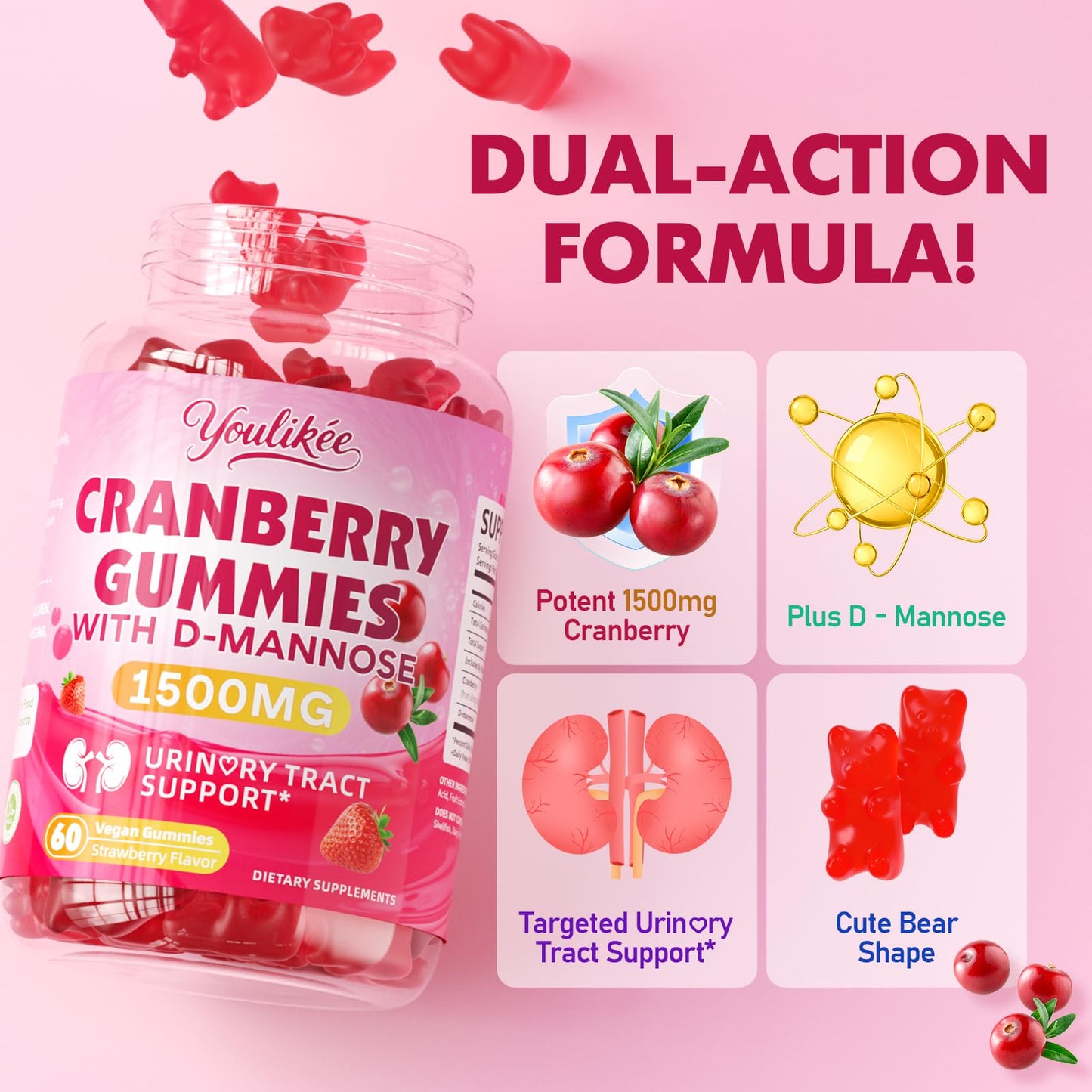 Vegan Cranberry Gummies 1500mg with D Mannose, Strawberry Flavor, 60 Count | Supports Urinary Tract Health for Women & Men, Sugar-free, Non-GMO and Gluten Free