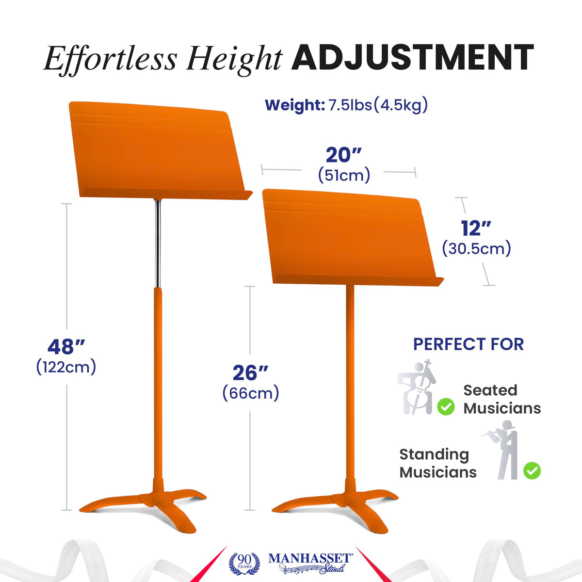 Manhasset Music Stand for Sheet Music - 48 Symphony Model - Long Lasting, Durable Manhasset Stand - Adjustable Height - 26" to 48" - Made in the USA