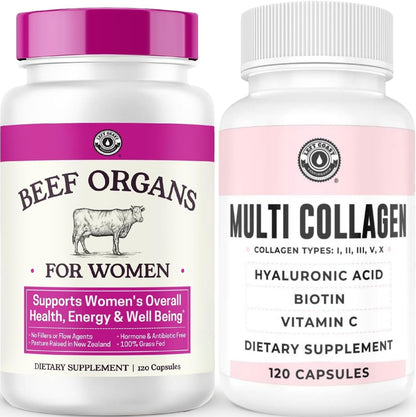 Left Coast Performance Hydrolyzed Multi Collagen Peptides Capsules & Beef Organ Supplement for Women - Bovine Wellness Bundle for Women's Gut Health Energy Hormone Balance and Immune Support