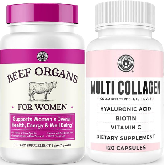 Left Coast Performance Hydrolyzed Multi Collagen Peptides Capsules & Beef Organ Supplement for Women - Bovine Wellness Bundle for Women's Gut Health Energy Hormone Balance and Immune Support