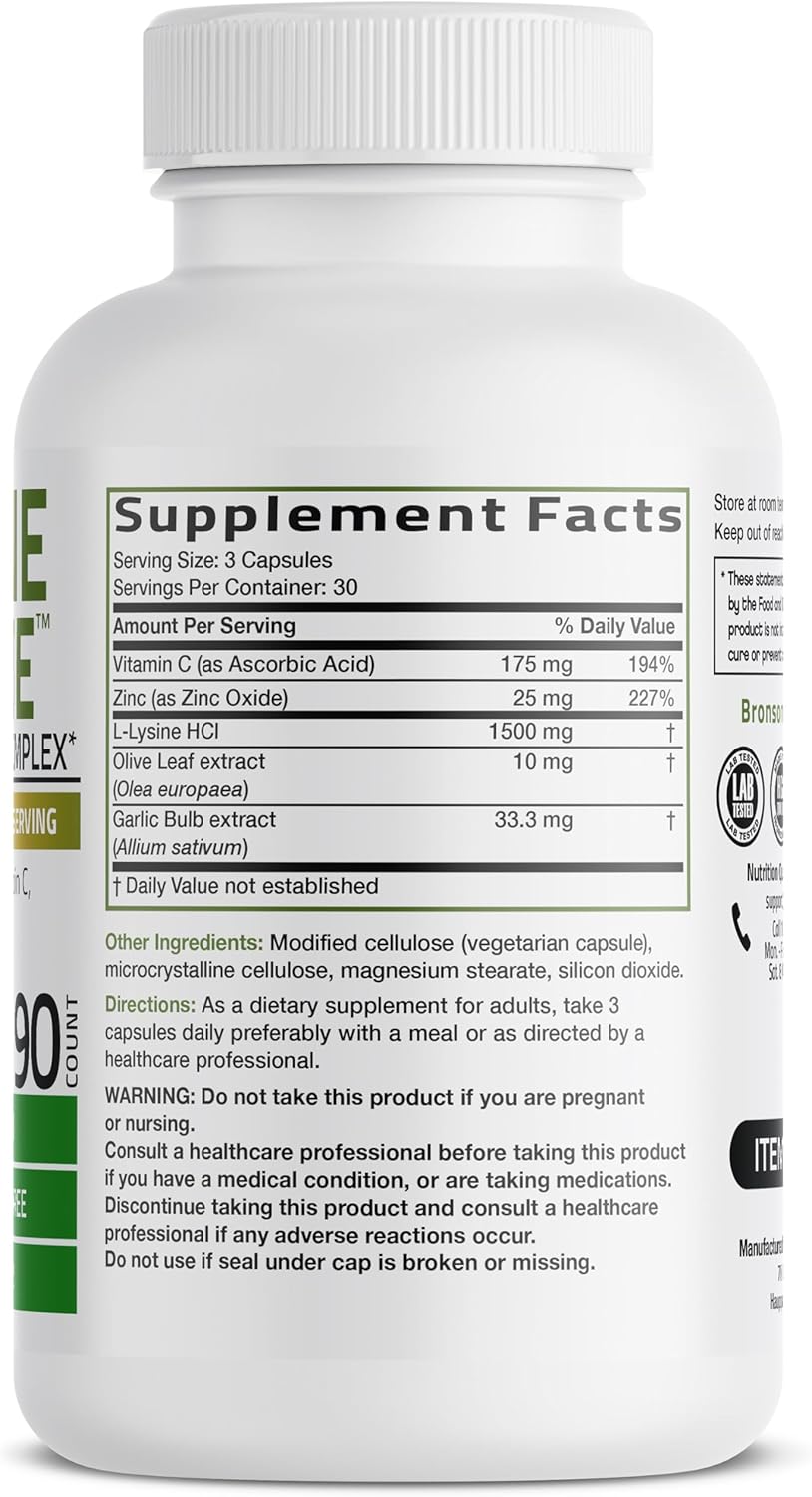 Bronson L-Lysine Defense Immune Support Complex, 1500 mg, 90 Capsules | Essential Amino Acid with Olive Leaf, Garlic, Vitamin C & Zinc, Vegetarian, Non-GMO, Gluten-Free & Soy-Free