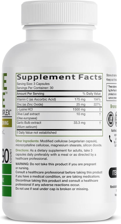 Bronson L-Lysine Defense Immune Support Complex, 1500 mg, 90 Capsules | Essential Amino Acid with Olive Leaf, Garlic, Vitamin C & Zinc, Vegetarian, Non-GMO, Gluten-Free & Soy-Free