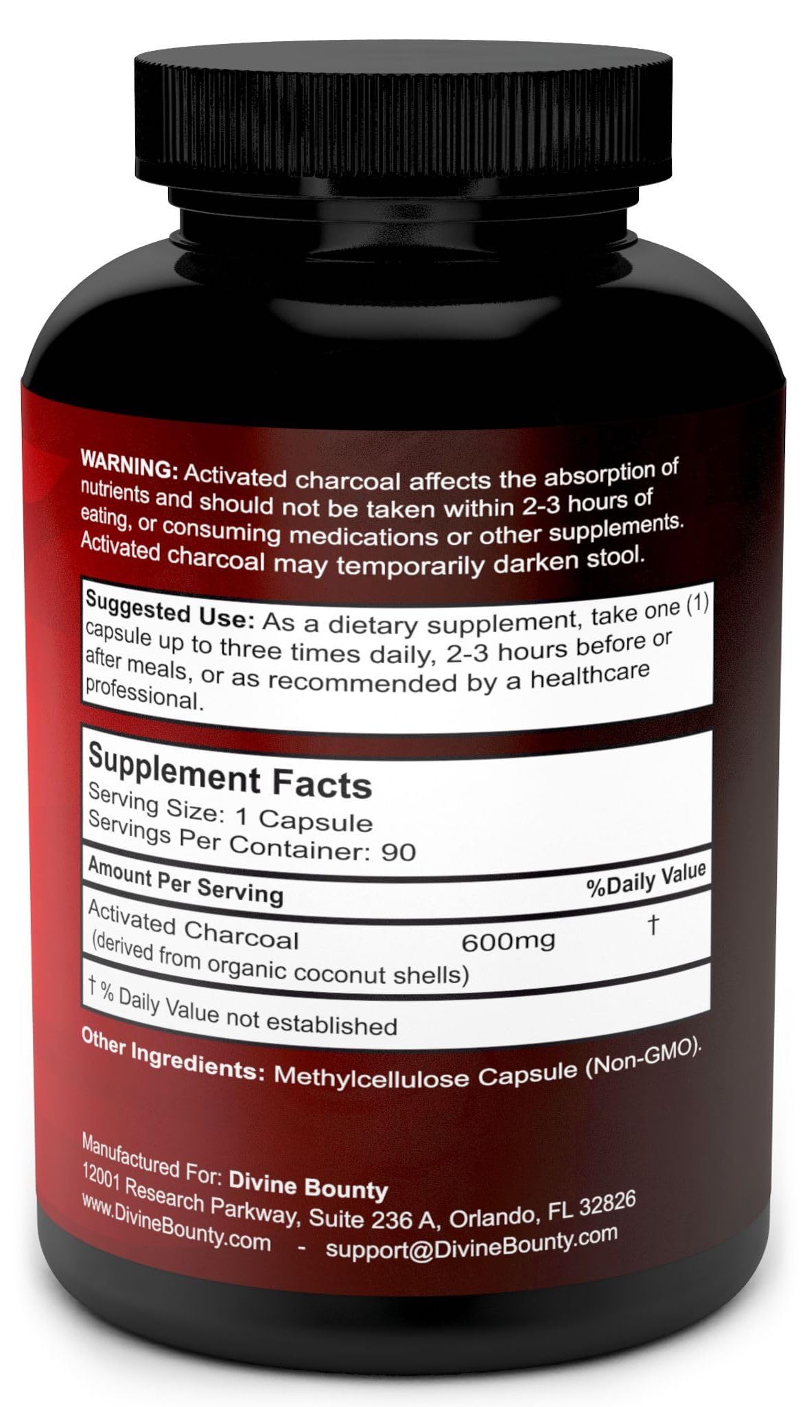 Divine Bounty Organic Activated Charcoal Capsules - 600mg Coconut Charcoal Pills