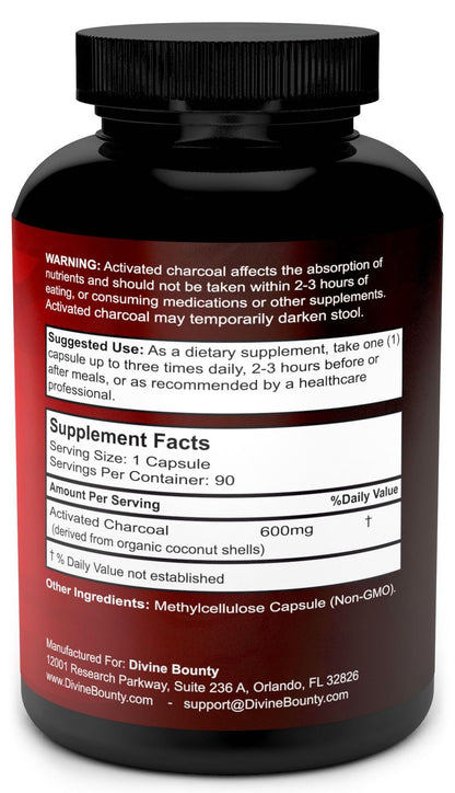 Divine Bounty Organic Activated Charcoal Capsules - 600mg Coconut Charcoal Pills