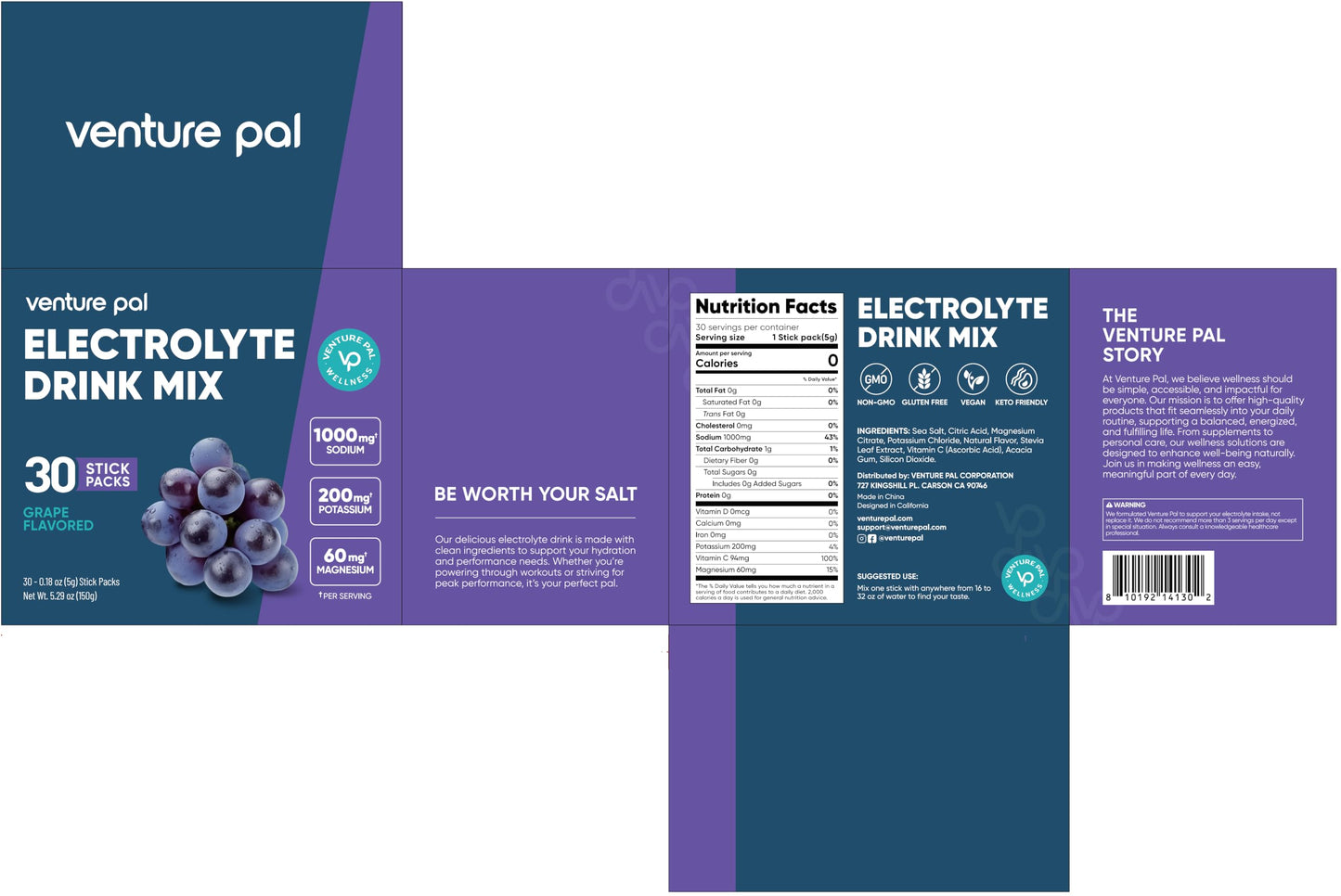 Venture Pal High Sodium Sugar-Free Electrolytes Powder Packets, 16 Sticks | Hydration Packets with Sodium, Potassium & Magnesium, Zero Calories, Keto, Vegan, and Paleo Friendly