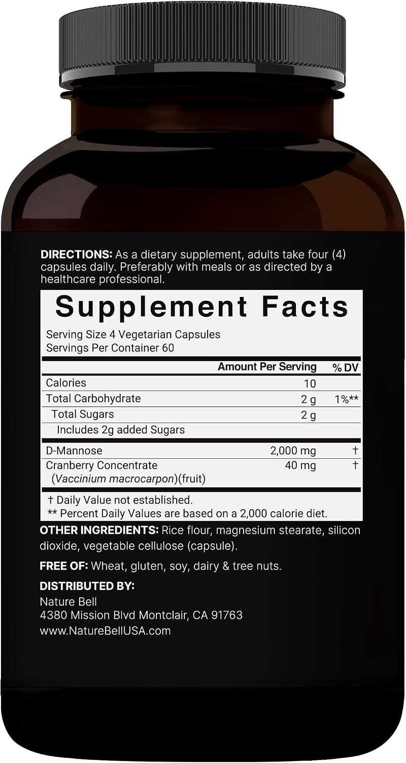 NatureBell D-Mannose 500mg Capsules (2,000mg Per Serving) | 240 Veggie Capsules + Cranberry Concentrate 40mg – Fast Acting Urinary Tract Health Pills – Ultra UTI Support for Women & Men