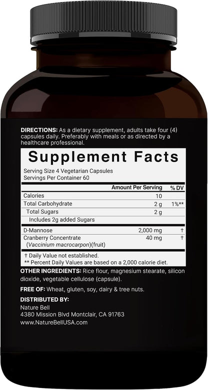 NatureBell D-Mannose 500mg Capsules (2,000mg Per Serving) | 240 Veggie Capsules + Cranberry Concentrate 40mg – Fast Acting Urinary Tract Health Pills – Ultra UTI Support for Women & Men