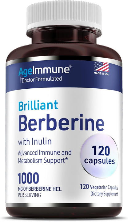 AgeImmune Berberine 1000mg Supplement Complex with Inulin Prebiotic - Berberine HCL 500mg per Capsule - Doctor Formulated and Third Party Tested Berberine Supplement