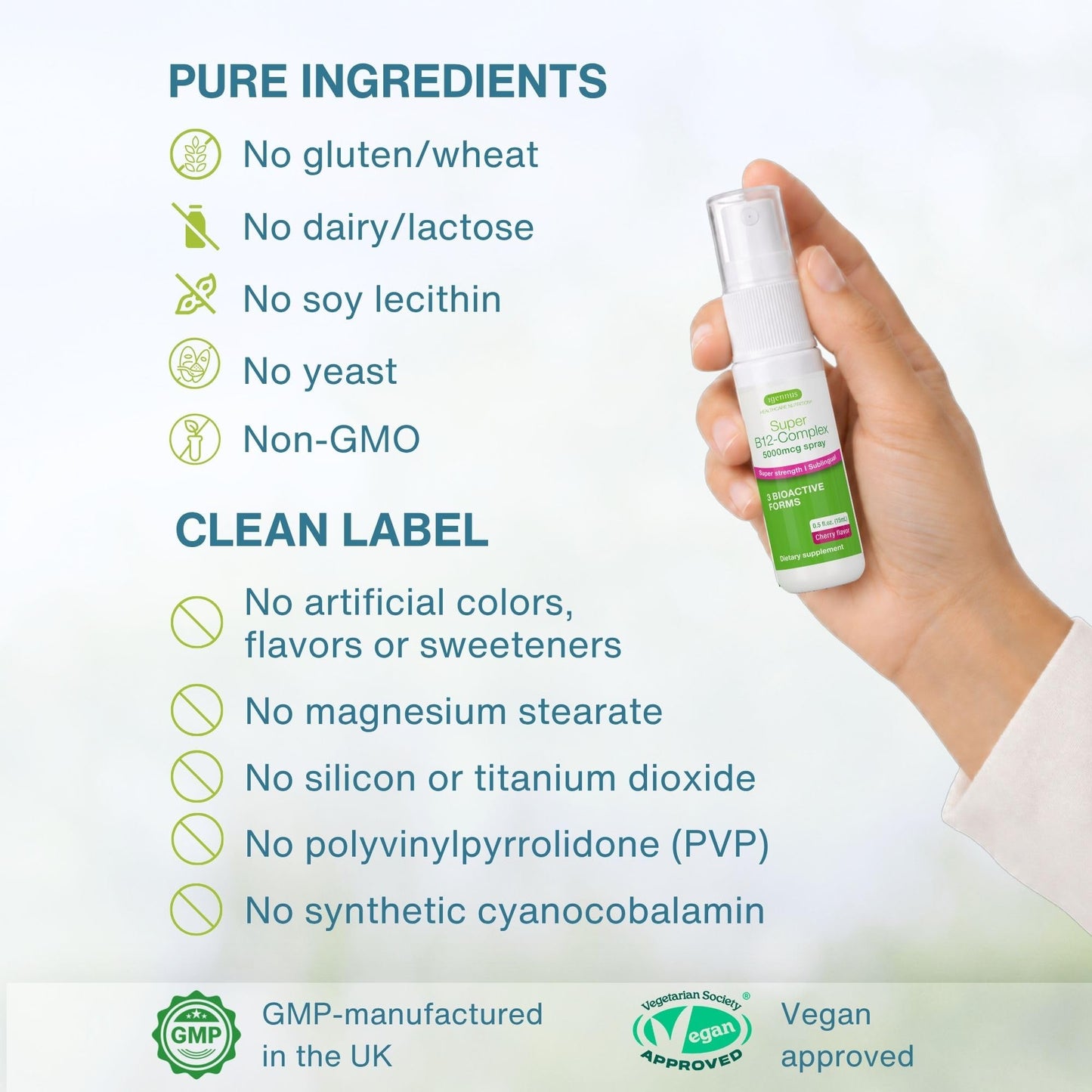 Igennus Sublingual Vitamin B12 Complex 1000mcg, Methylated Methylcobalamin, Adenosylcobalamin & Hydroxocobalamin, High Absorption & Clean, 180 Servings, Sugar-Free & Vegan