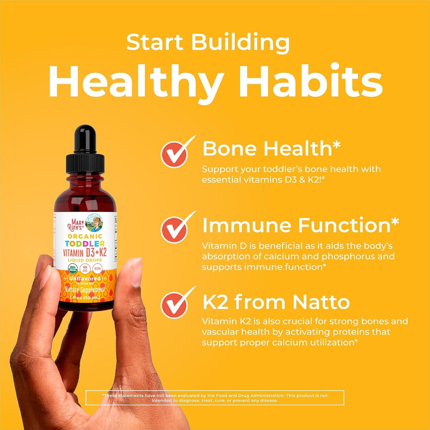 MARYRUTH'S Organics Vitamin D3 | Vitamin K2 | Vitamin D3 K2 Drops | K2 D3 Vitamin Liquid Supplement for Toddlers | Kids Supplement for Calcium Absorption Strong Bones | Vegan | Gluten Free | 1 Fl Oz