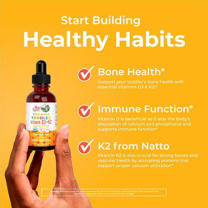 MARYRUTH'S Organics Vitamin D3 | Vitamin K2 | Vitamin D3 K2 Drops | K2 D3 Vitamin Liquid Supplement for Toddlers | Kids Supplement for Calcium Absorption Strong Bones | Vegan | Gluten Free | 1 Fl Oz