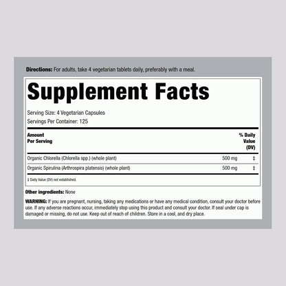 Piping Rock Chlorella Spirulina Organic | 500 Tablets | Vegetarian, Non-GMO and Gluten Free Supplement