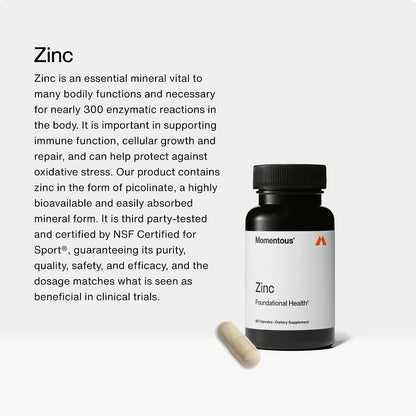 Momentous Zinc Picolinate 15 mg - Immunity & Hormone Support - Bioavailable Zinc Supplement - Promotes Joint Health & Lean Muscle Mass - NSF Certified for Sport - GMO-Free & Gluten-Free - 60 Servings