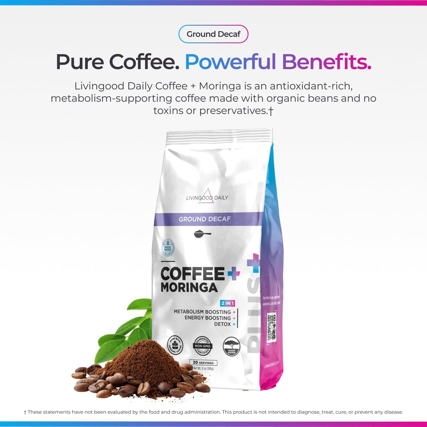 Livingood Daily Coffee with Moringa, Ground Medium Roast Coffee with Plant Based Ingredients for Morning Energy, Made with Moringa Powder, Organic, Non GMO, Vegan, Gluten Free, 20 Servings, 12 oz Bag