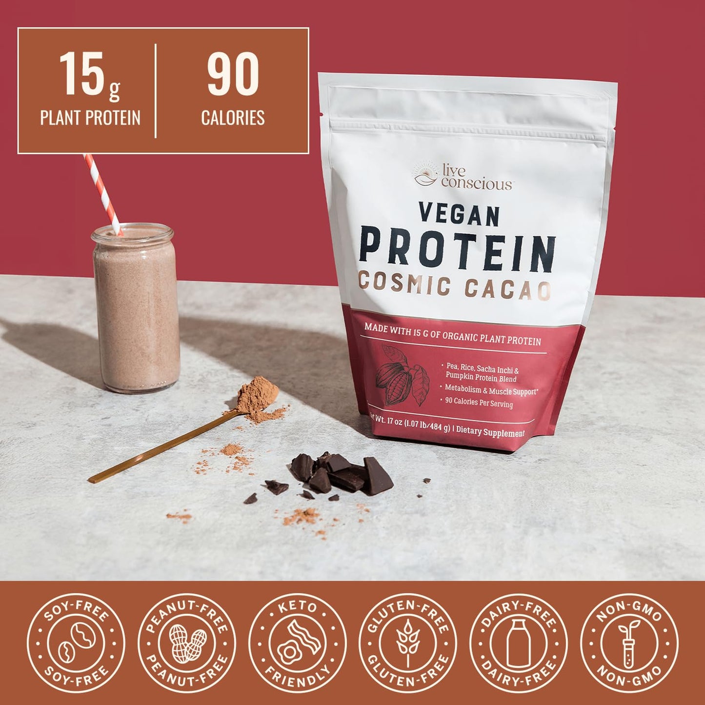 Live Conscious Cosmic Cacao - Organic Vegan Protein Powder, Chocolate Flavor, Plant-Based Blend - Pea Protein, Brown Rice, Pumpkin, Sacha Inchi - 20 Servings, 17 oz