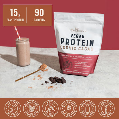 Live Conscious Cosmic Cacao - Organic Vegan Protein Powder, Chocolate Flavor, Plant-Based Blend - Pea Protein, Brown Rice, Pumpkin, Sacha Inchi - 20 Servings, 17 oz
