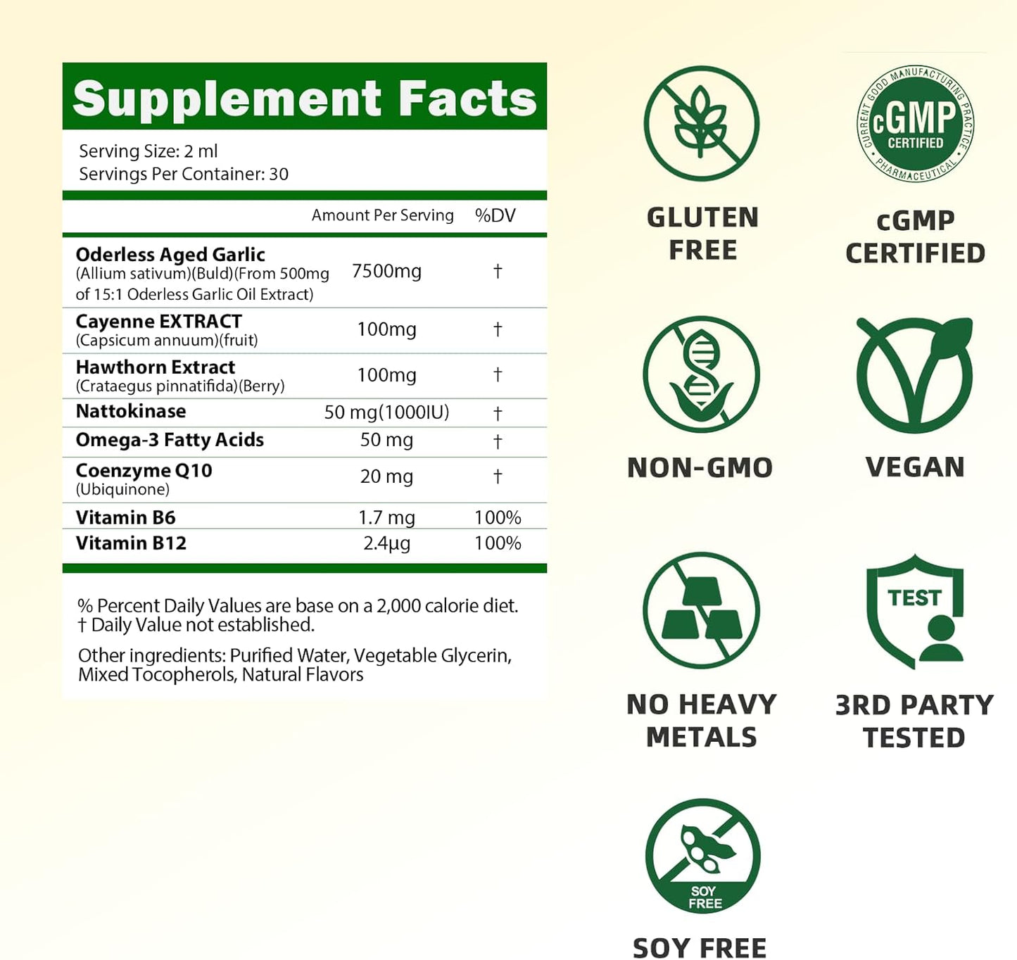 Aged Garlic Extract Liquid Drops, Odorless Garlic Supplement with CoQ10 Cayenne Hawthorn Berry Nattokinase Omega-3 Vitamin B6 & B12 for Heart Immune Health Support, Grown Allium Sativum Bulb