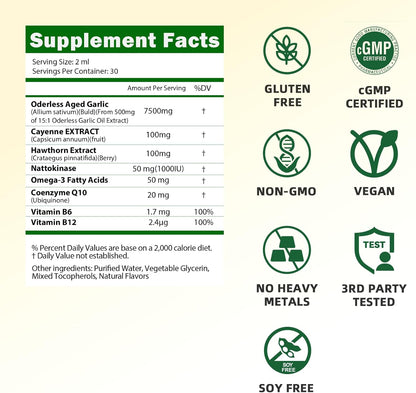 Aged Garlic Extract Liquid Drops, Odorless Garlic Supplement with CoQ10 Cayenne Hawthorn Berry Nattokinase Omega-3 Vitamin B6 & B12 for Heart Immune Health Support, Grown Allium Sativum Bulb