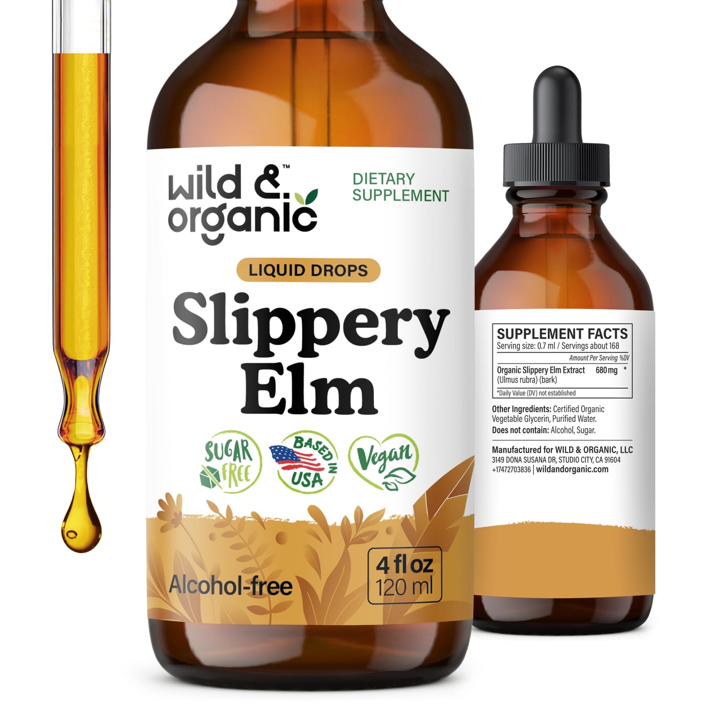 Wild & Organic Slippery Elm Liquid Drops - Lung, Digestive & Women's Support - Slippery Elm Bark Supplement - Add to Tea Tincture - Ulmus Rubra Herb - Vegan, Sugar & Alcohol-Free - 4 fl oz
