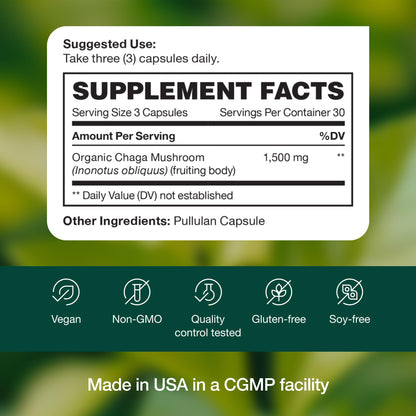 Fresh Nutrition Organic Chaga Mushrooms – Strongest DNA Verified 1500mg Per Serving – High in Fiber – Non GMO, Gluten & Soy Free, Vegan Friendly
