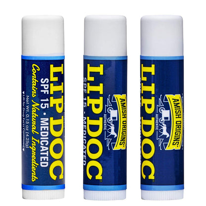 Amish Origins SPF 15 Medicated Lip Doc Balm - All Natural Ingredients, Deep Moisturizing Potent Formula for Chapped and Cracked Lips, All Refreshing Essential Oils, 3 Pack