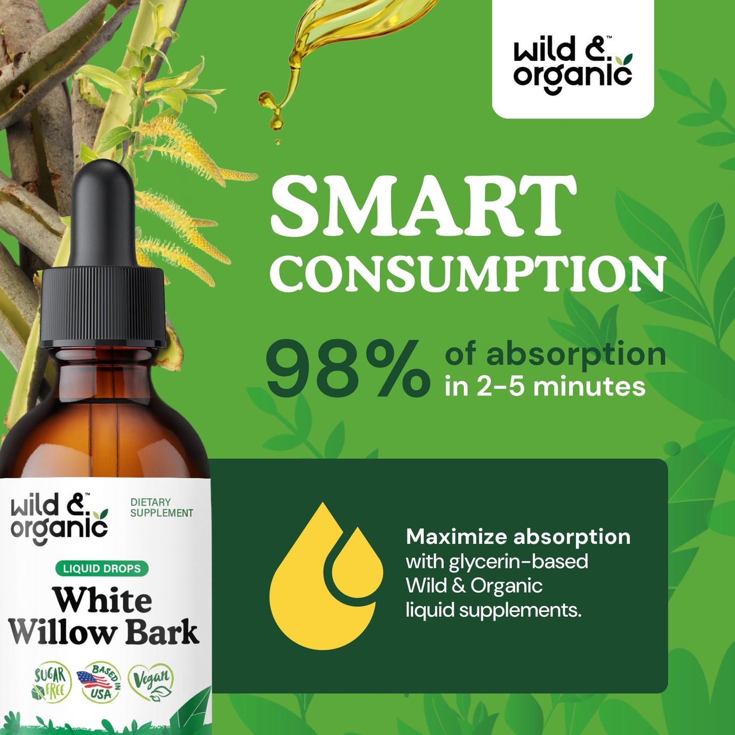 Wild & Organic White Willow Bark Tincture - Liquid Supplement for Overall Support - Alcohol & Sugar-Free White Willow Extract Drops - Salix Alba Bark - Vegan, No Additives - 4 fl oz