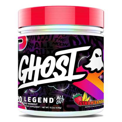 GHOST Legend All Out Pre-Workout Powder, Strawbango - 20 Servings - Preworkout Drink Mix Supplement for Men & Women - Energy & Pumps - Caffeine, Beta Alanine, Betaine, NO3-T- Sugar Free