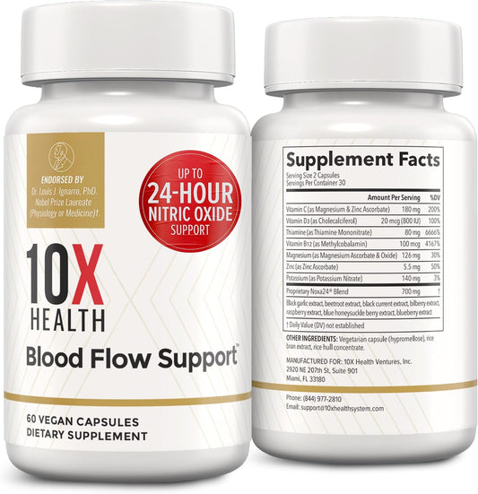 10X Health Nitric Oxide Supplement - 60 Vegan Capsules | Beetroot Extract Supplement: Beetroot Extract & Noxa24, 24-Hour Circulation Support, Vegan