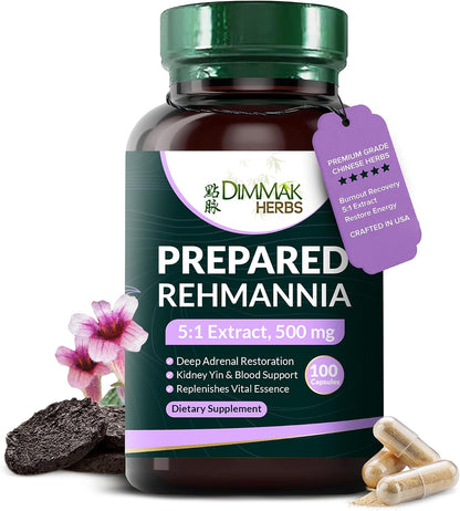 Prepared Rehmannia Root Capsules (Shu Di Huang)- 5:1 Organic Extract- High Potency Adrenal & Kidney Yin Tonic- Supports Menopause, Sleep & Vitality- Non-GMO Vegan, 500mg