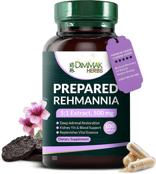Prepared Rehmannia Root Capsules (Shu Di Huang)- 5:1 Organic Extract- High Potency Adrenal & Kidney Yin Tonic- Supports Menopause, Sleep & Vitality- Non-GMO Vegan, 500mg