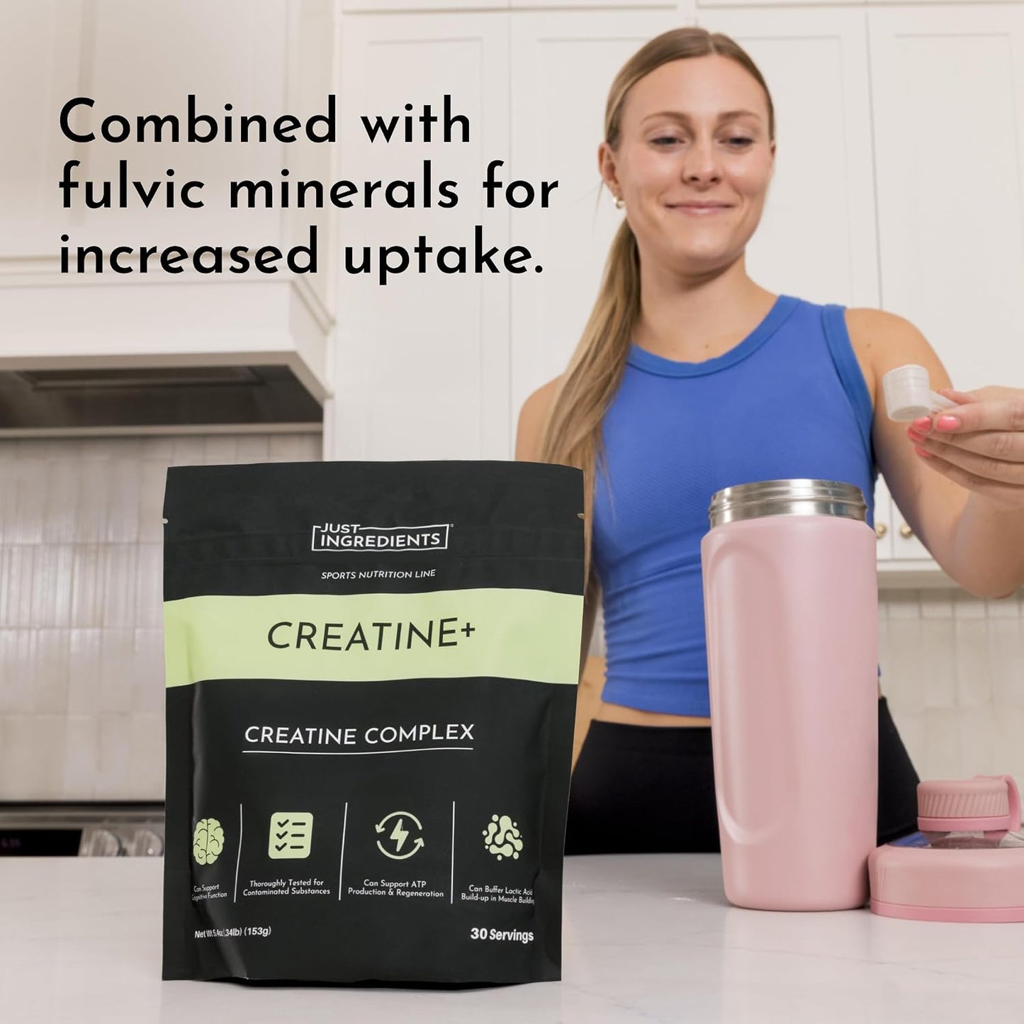 JUST INGREDIENTS Creatine Monohydrate Powder with Rejen Fulvic Mineral Complex - Supports Muscle Recovery, Energy, Strength, Cognitive Function - 30 Servings