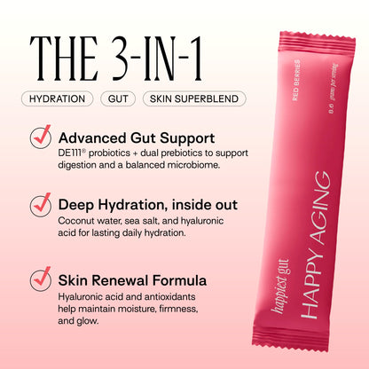 Happy Aging Electrolytes Powder Packets for Women - Sugar Free Hydration & Gut Health with Hyaluronic Acid & Bacillus Subtilis DE111 Probiotics - Dual Prebiotic System for Skin Beauty