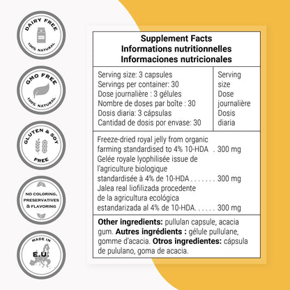Supersmart - Organic Royal Jelly 300mg per Day (High Strength 4% 10-HDA) - Freeze-Dried Fresh Royal Jelly Supplement | Non-GMO & Gluten Free - 90 Vegetarian Capsules