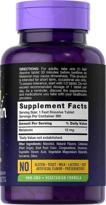 Carlyle Melatonin 12 mg Fast Dissolve 300 Tablets | Drug Free | Natural Berry Flavor | Vegetarian, Non-GMO, Gluten Free