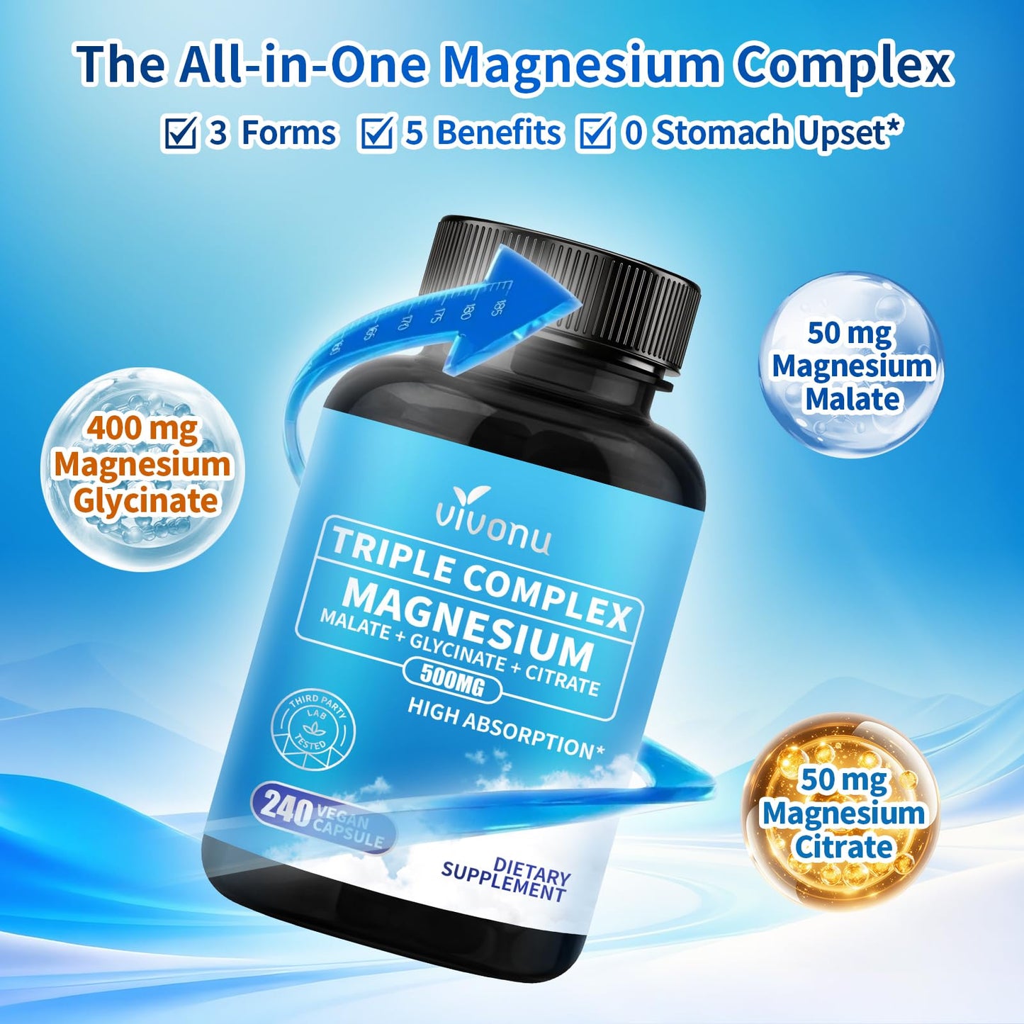 Triple Magnesium Complex for Women and Men, Magnesium Glycinate 400mg, Malate, Citrate, High Absorption Chelated Magnesium Supplement Support Sleep, Muscle, Non-GMO, Gluten Free - 240 Capsules