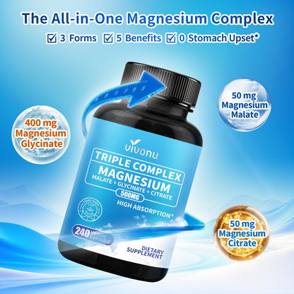 Triple Magnesium Complex for Women and Men, Magnesium Glycinate 400mg, Malate, Citrate, High Absorption Chelated Magnesium Supplement Support Sleep, Muscle, Non-GMO, Gluten Free - 240 Capsules