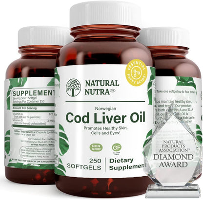 Natural Nutra Norwegian Cod Liver Oil Supplement 250 Softgels | Helps Maintain Skin & Body Density, Eye Health & Nerve Function, Promotes Dental Health, Supports Cardiovascular Health