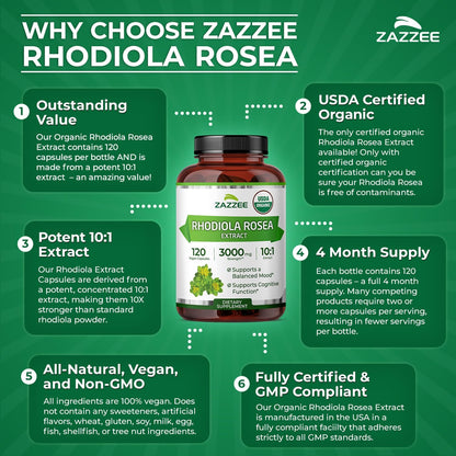 Zazzee USDA Organic Rhodiola 10:1 Extract, 120 Capsules, 4 Month Supply, Rhodiola Rosea, Energy, Stress & Mental Focus Support, Concentrated 10X Extract, All-Natural, Non-GMO, Made in the USA