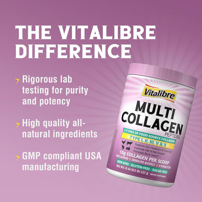 Vitalibre Multi Collagen Peptides Powder Type I II III V X, Hydrolyzed Collagen Protein for Women and Men, Skin, Hair, Nails, Unflavored, Non-GMO, Keto & GF, Zero Sugar, 22 Servings, 8oz