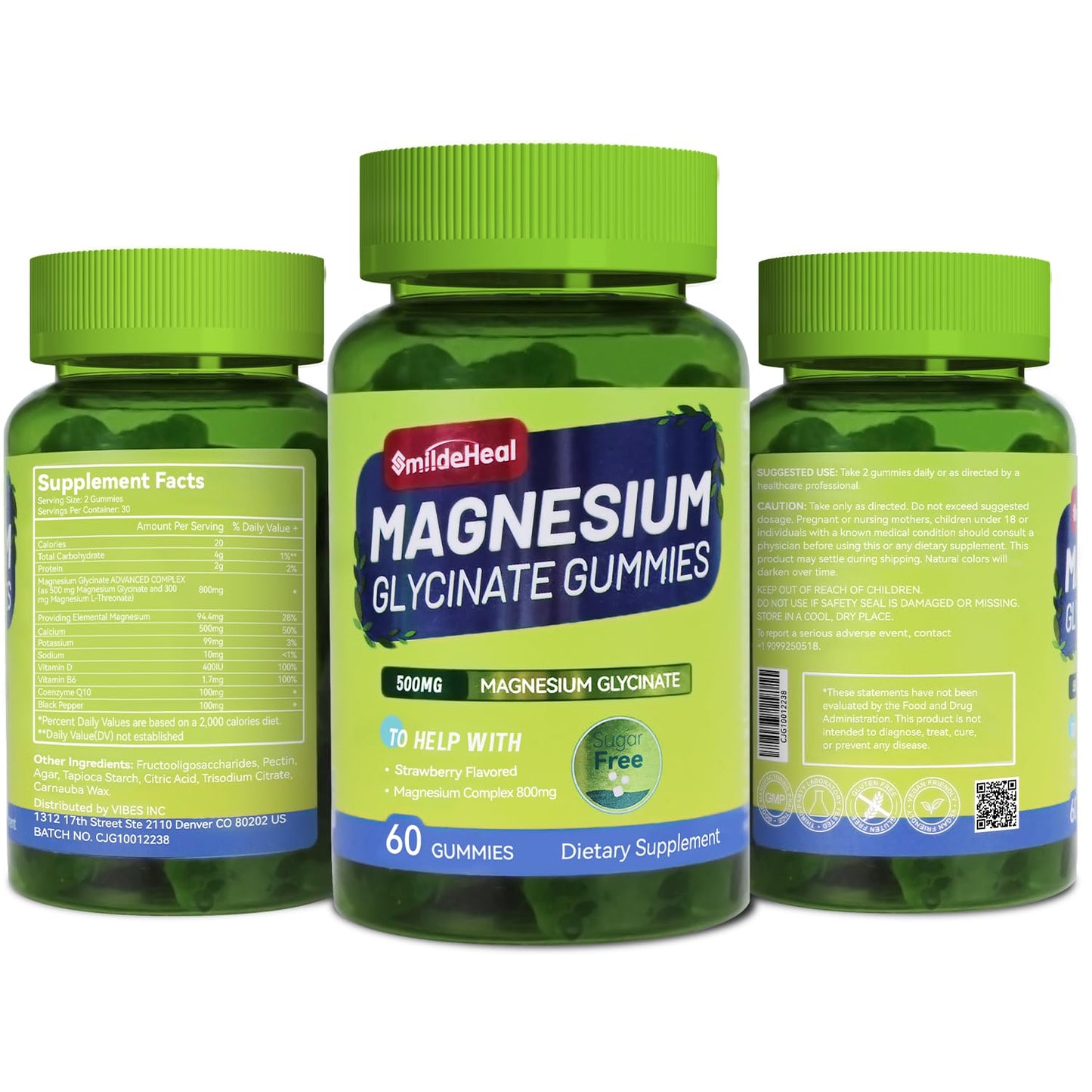 Magnesium Glycinate Gummies 500mg with L-Threonate 300mg - Sugar-Free Magnesium Potassium Supplement with Vitamin D, B6, CoQ10 - Strawberry Flavored - 60 Gummies