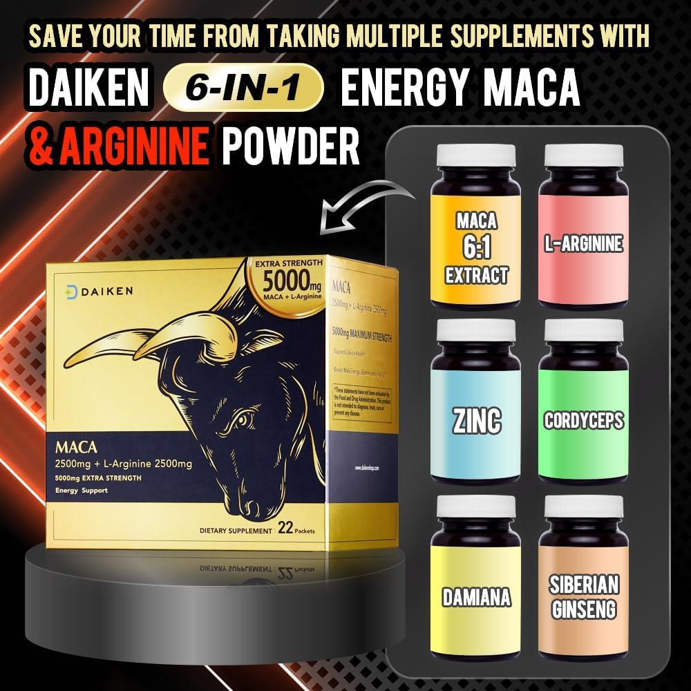 DAIKEN Peruvian Maca Root Powder Extra Strength 5,000 mg, Gelatinized Black, Red, Yellow Maca Blend with L-Arginine (2,500 mg) for Men and Women, Superior Absorption, Vegan, Lab Tested - 22 Packets