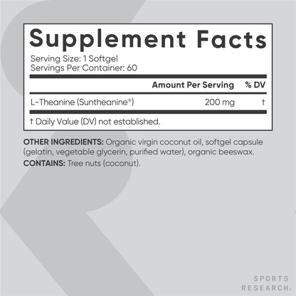 Sports Research Double Strength L-Theanine Supplement - Suntheanine Softgels for Focus, Relaxation & Alertness - Non-Drowsy Support Made with Coconut Oil, Non-GMO & Gluten Free - 200mg, 60 Count