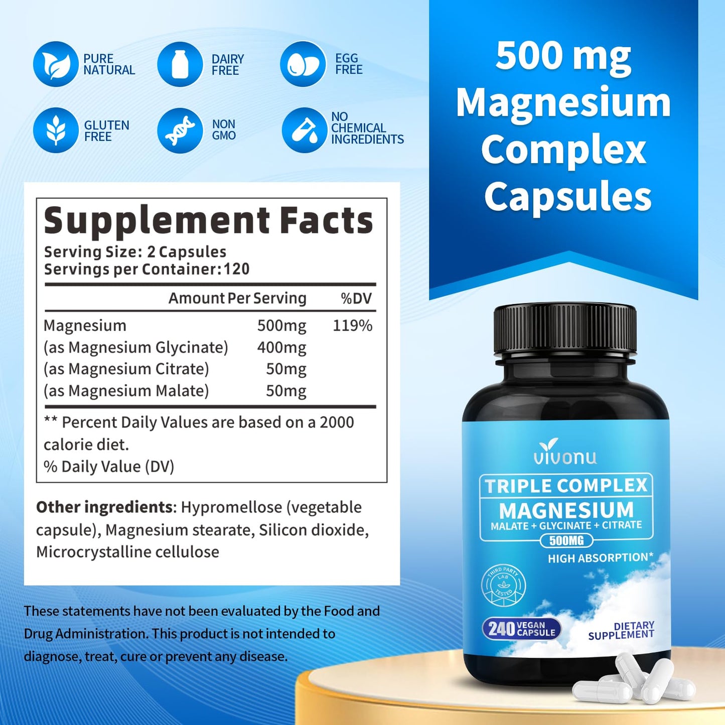 Triple Magnesium Complex for Women and Men, Magnesium Glycinate 400mg, Malate, Citrate, High Absorption Chelated Magnesium Supplement Support Sleep, Muscle, Non-GMO, Gluten Free - 240 Capsules