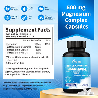 Triple Magnesium Complex for Women and Men, Magnesium Glycinate 400mg, Malate, Citrate, High Absorption Chelated Magnesium Supplement Support Sleep, Muscle, Non-GMO, Gluten Free - 240 Capsules