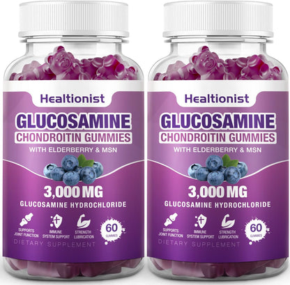 2 Packs 3000mg Glucosamine Chondroitin Gummies with MSM & Elderberry - Extra Strength Joint Health, Flexibility, Antioxidant Immune Support Supplement Gummy for Adults, Men & Women 120 Cts