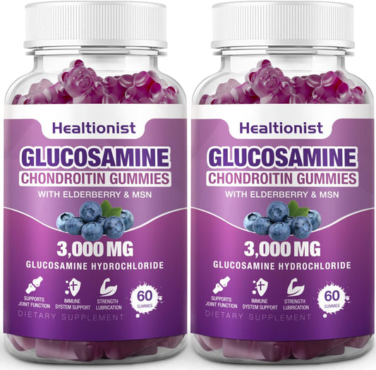 2 Packs 3000mg Glucosamine Chondroitin Gummies with MSM & Elderberry - Extra Strength Joint Health, Flexibility, Antioxidant Immune Support Supplement Gummy for Adults, Men & Women 120 Cts