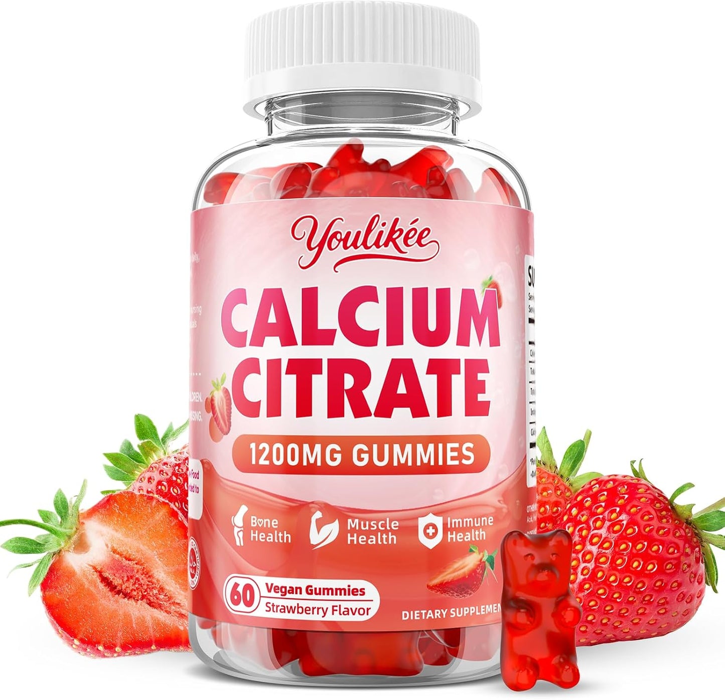 Calcium Citrate Gummies 1200 mg, Calcium Supplement for Women & Men | Ultimate Absorption Calcium Gummies for Muscle & Immune Support, Strawberry Flavor, 60 Count
