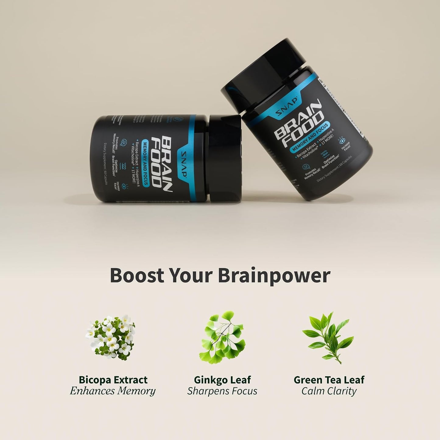 Snap Supplements Brain Booster Nootropics Supplement, 60 Vegan Capsules | Bacopa Extract, Huperzine A, Vitacholine, Ginkgo Biloba, Gluten-Free, Non-GMO, Free of Major Allergens