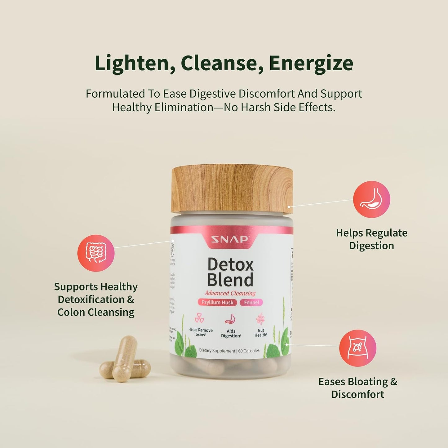 Snap Supplements Detox Blend to Support Gut Health, 60 Vegan Capsules | Licorice, Psyllium Husk, Fennel, Ginger, to Support Healthy Detox & Digestion, Gluten-Free, Non-GMO, Free of Major Allergens